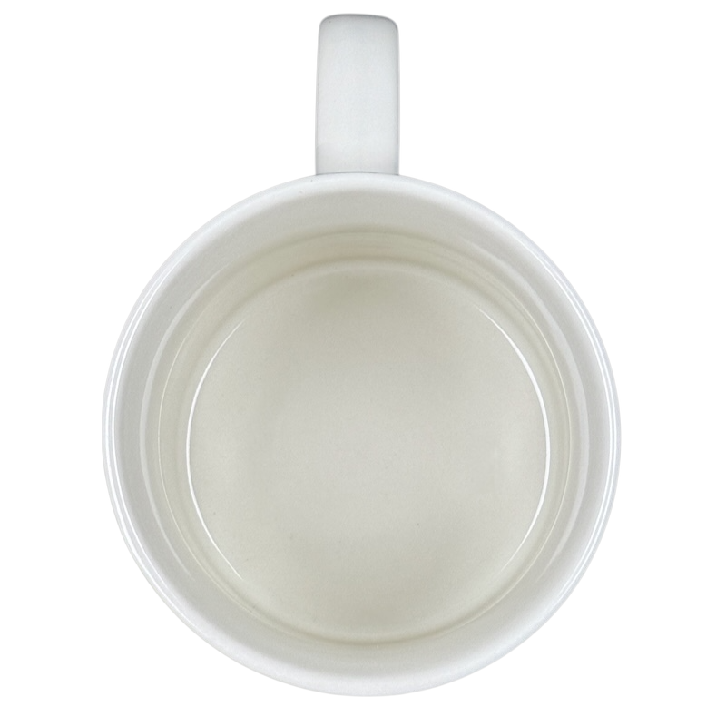 Top view of Kasper's Yester Year vintage coffee mug. White ceramic empty mug with handle