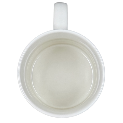 Top view of Kasper's Yester Year vintage coffee mug. White ceramic empty mug with handle