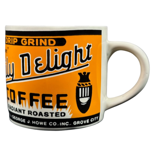 Westwood Yester Year Daily Delight vintage coffee mug with orange retro coffee label on white ceramic mug