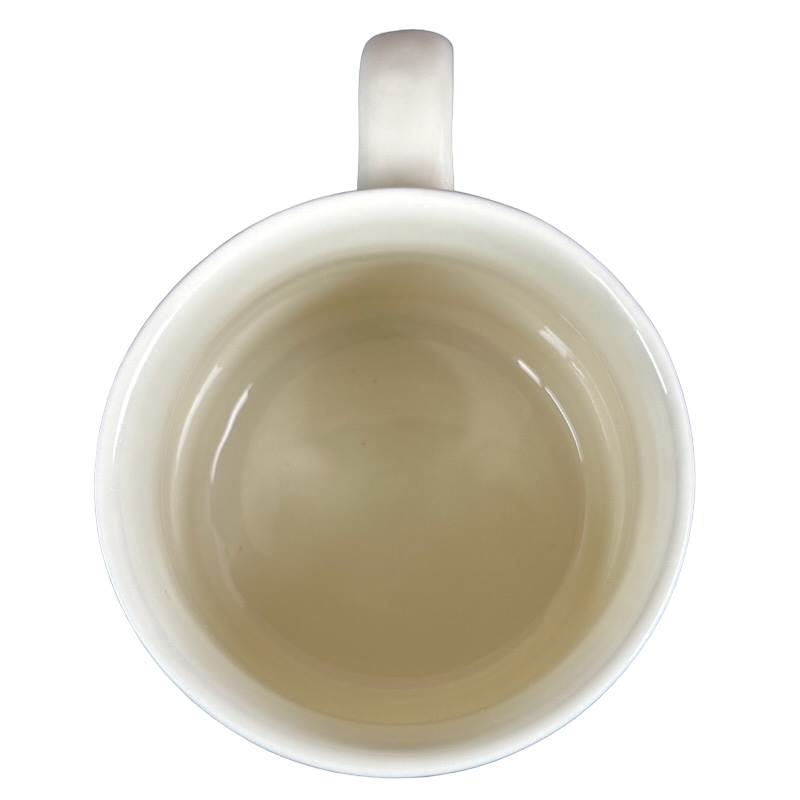 Top view of Westwood Yester Year Daily Delight vintage coffee mug empty white ceramic with handle on black background