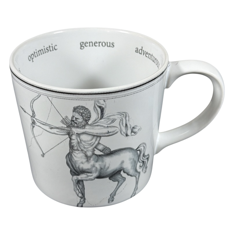 Williams Sonoma astrology mug featuring Sagittarius centaur archer and positive traits in black and white