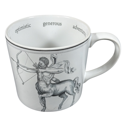 Williams Sonoma astrology mug featuring Sagittarius centaur archer and positive traits in black and white