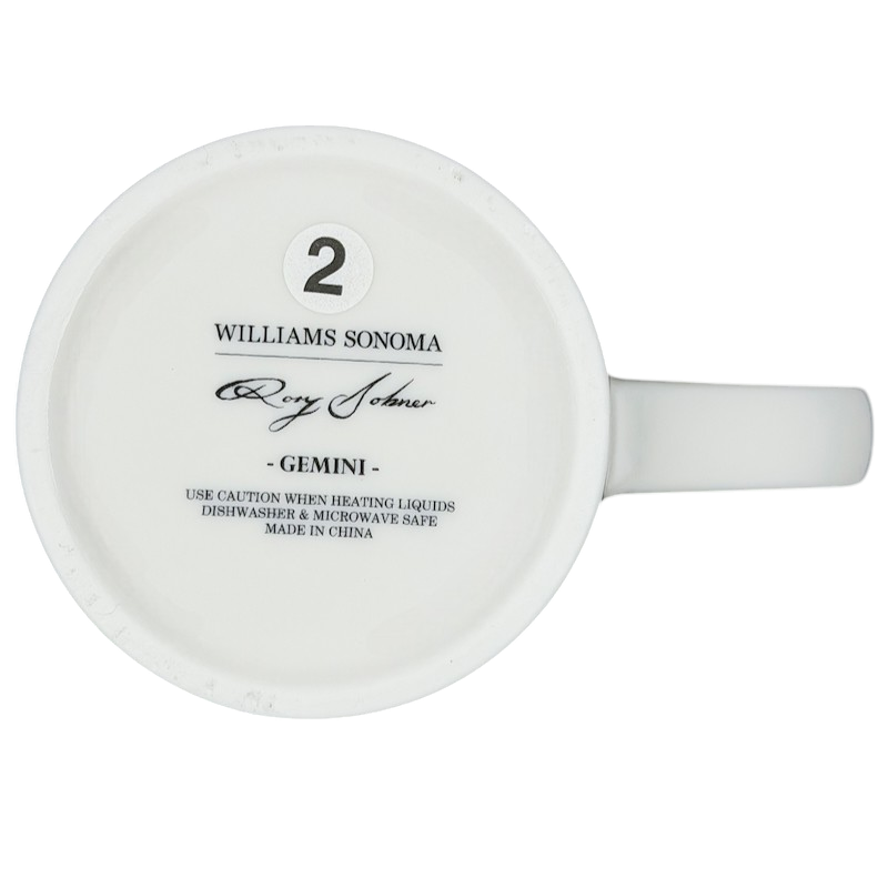 Bottom view of GEMINI Rory Dobner Astrology Mug Williams Sonoma with care instructions and brand details
