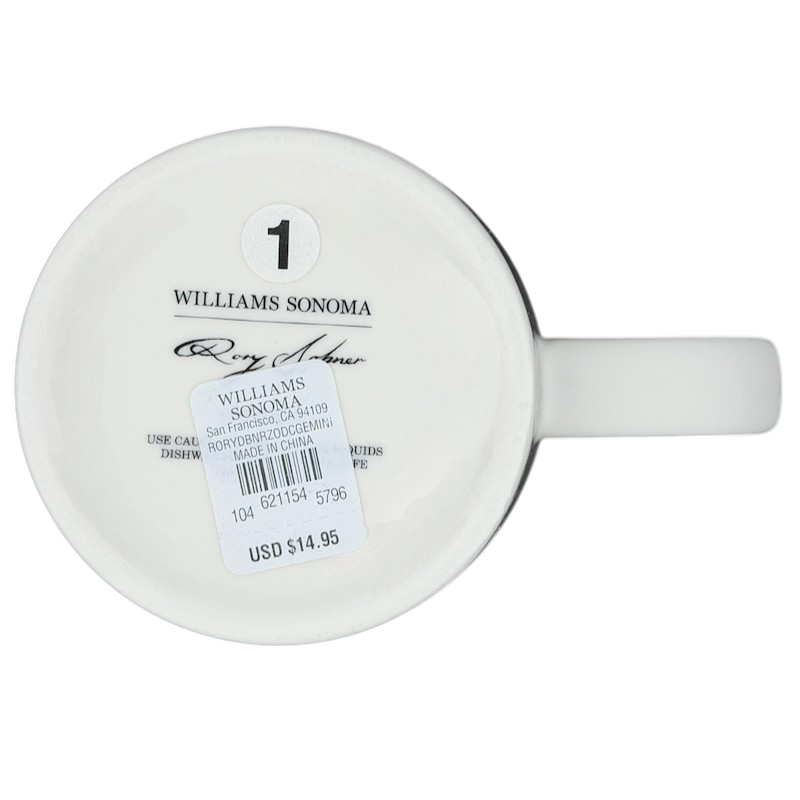 Bottom view of GEMINI Rory Dobner Astrology Mug Williams Sonoma with brand labeling and care instructions