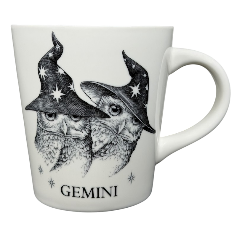 GEMINI Rory Dobner Astrology Mug Williams Sonoma featuring owls wearing wizard hats
