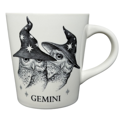 GEMINI Rory Dobner Astrology Mug Williams Sonoma featuring owls wearing wizard hats