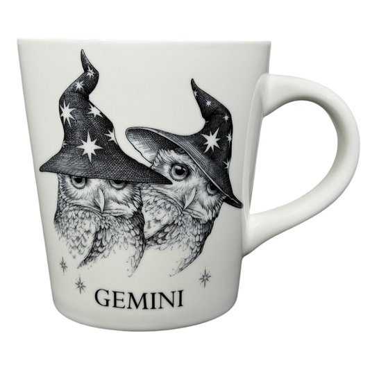 GEMINI Rory Dobner Astrology Mug Williams Sonoma featuring owls wearing wizard hats