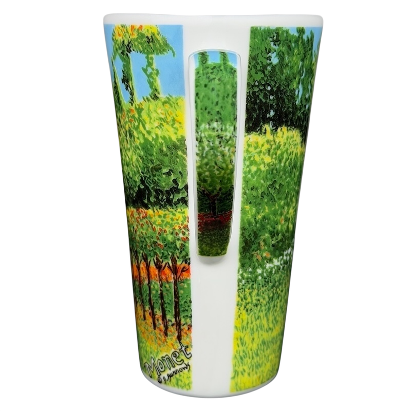 Chaleur Woman in the Garden Claude Monet Mug featuring vibrant garden artwork with green and colorful foliage