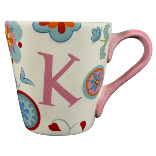 World Market vintage floral K monogram mug with pink handle and colorful flower patterns