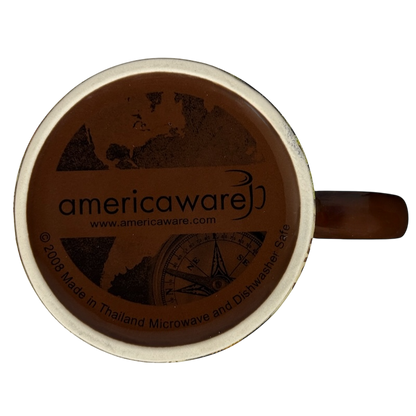 Bottom view of Yellowstone national park collectible mug 2008 by Americaware showing printed logo and details