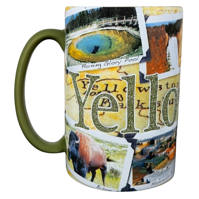 Americaware Yellowstone national park collectible mug 2009 featuring scenic images and vibrant colors