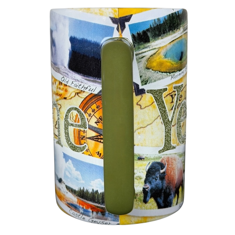 Yellowstone national park collectible mug 2009 featuring scenic images and a green handle