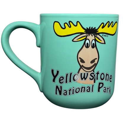 Yellowstone National Park Moose Mug MICO featuring a colorful moose design on a turquoise background