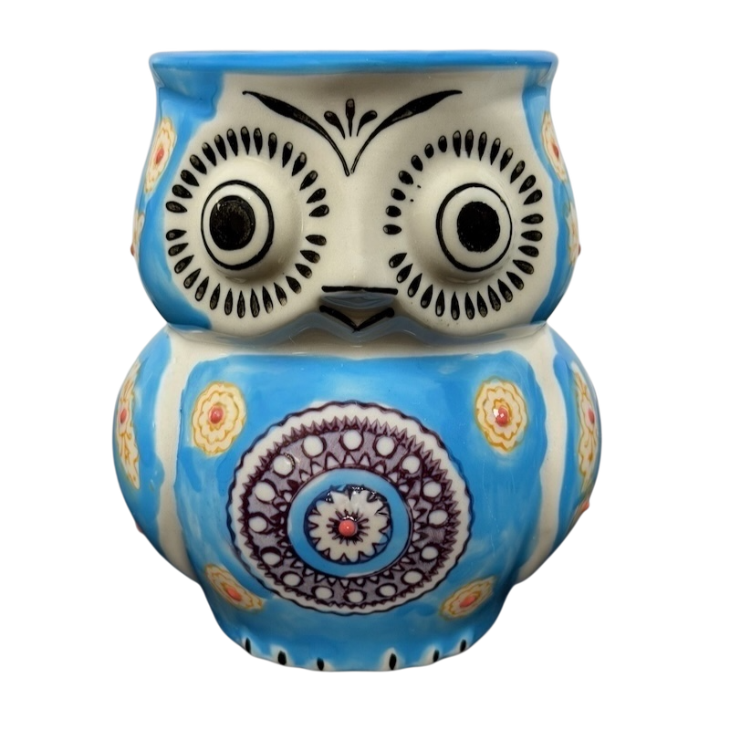 Colorful Yokohama Studios owl collectible mug featuring intricate patterns and designs