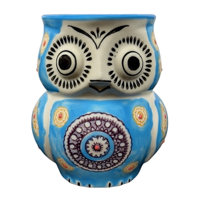 Colorful Yokohama Studios owl collectible mug featuring intricate patterns and designs