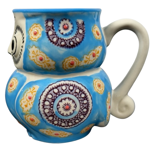 Yokohama Studios owl collectible mug with vibrant blue and floral patterns
