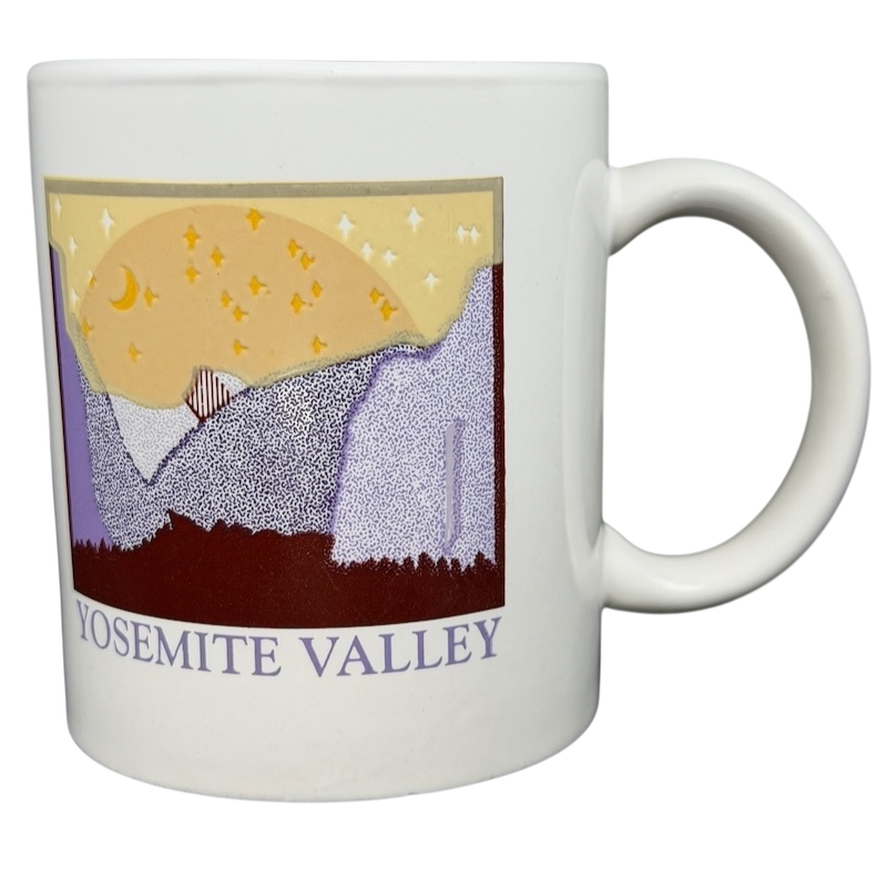 Yosemite Valley Mug featuring a scenic illustration of Yosemite's iconic landscape in soft colors