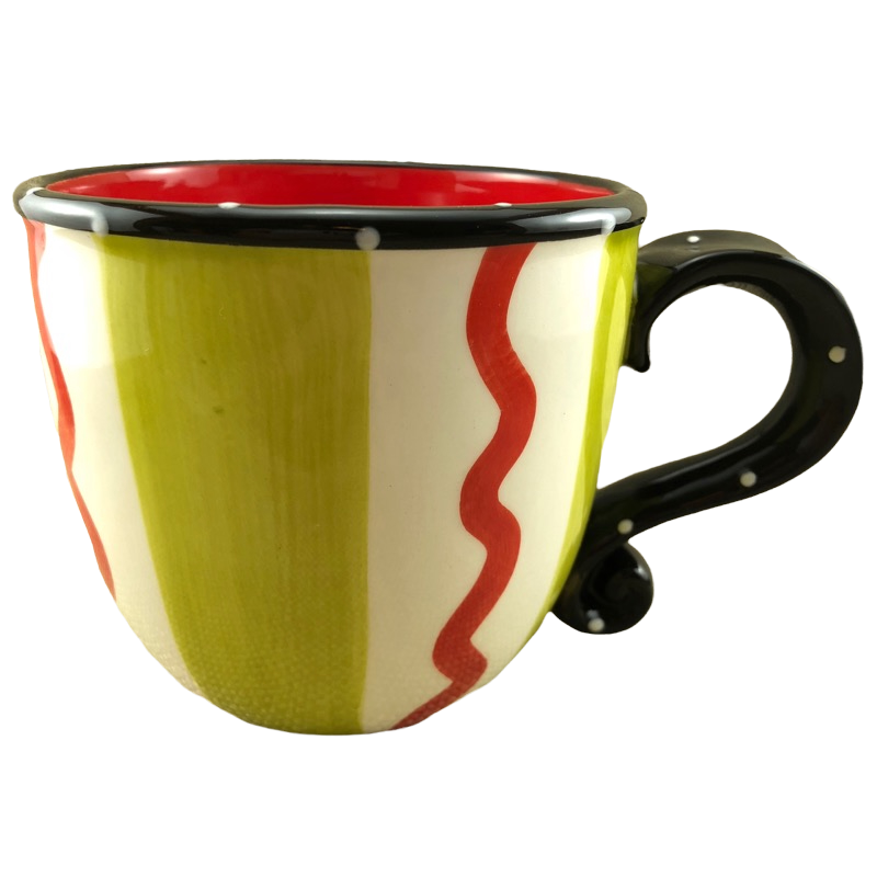 Green And White Striped Mug Black Handle with White Polka Dots Mud Pie