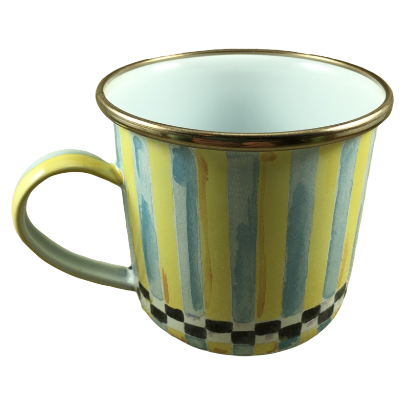 Yellow And Blue Striped And Checkered Enamel Ware Mug With Duck Inside Mackenzie Childs