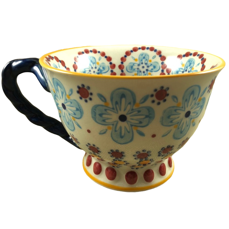 Floral Red Blue Yellow Pedestal Mug With Blue Twisted Handle Anthropologie