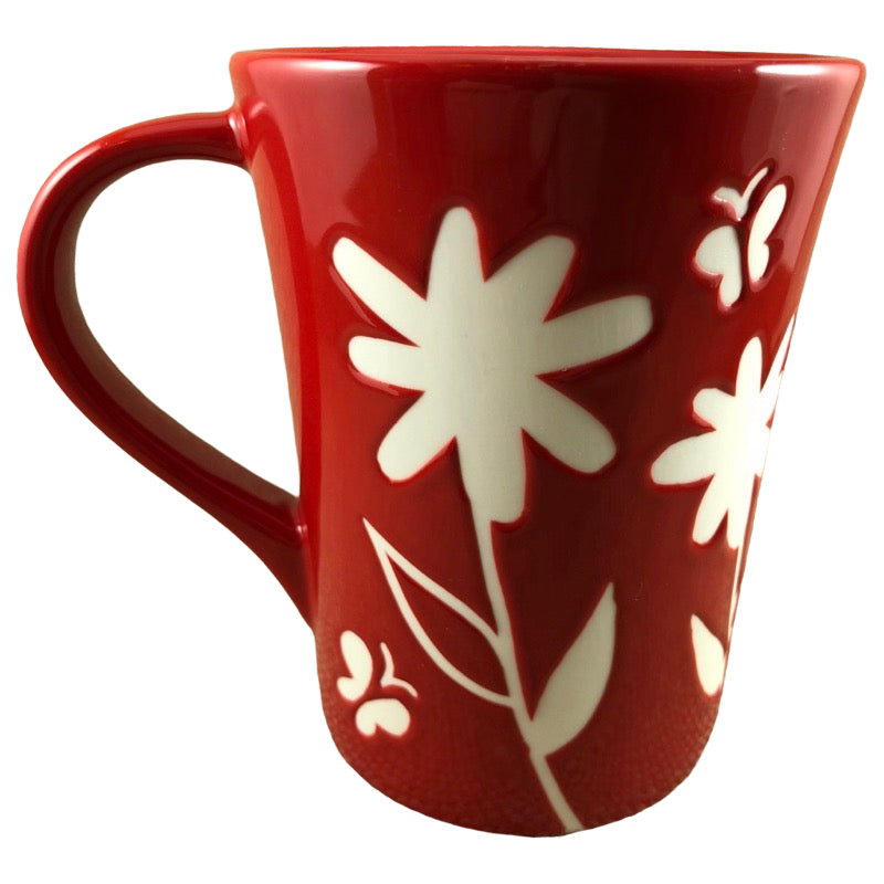 Etched White Flowers And Butterflies Red 12oz Mug 2007 Starbucks