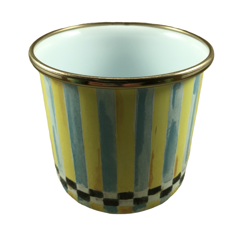 Yellow And Blue Striped And Checkered Enamel Ware Mug With Duck Inside Mackenzie Childs