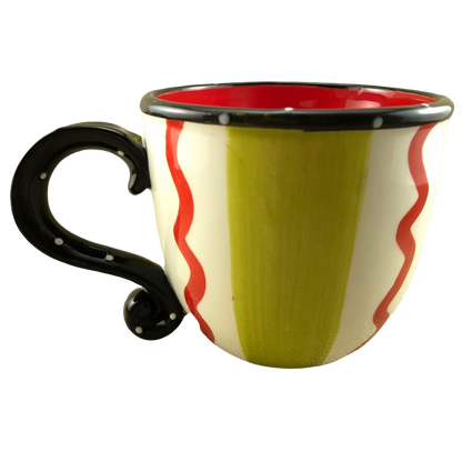Green And White Striped Mug Black Handle with White Polka Dots Mud Pie