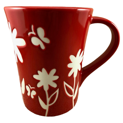 Etched White Flowers And Butterflies Red 12oz Mug 2007 Starbucks