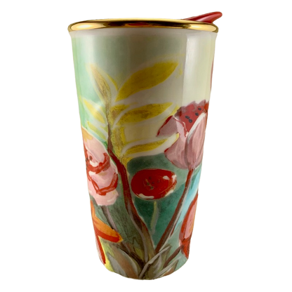 Watercolor Floral With Gold Rim And Red Lid 10oz Tumbler Starbucks