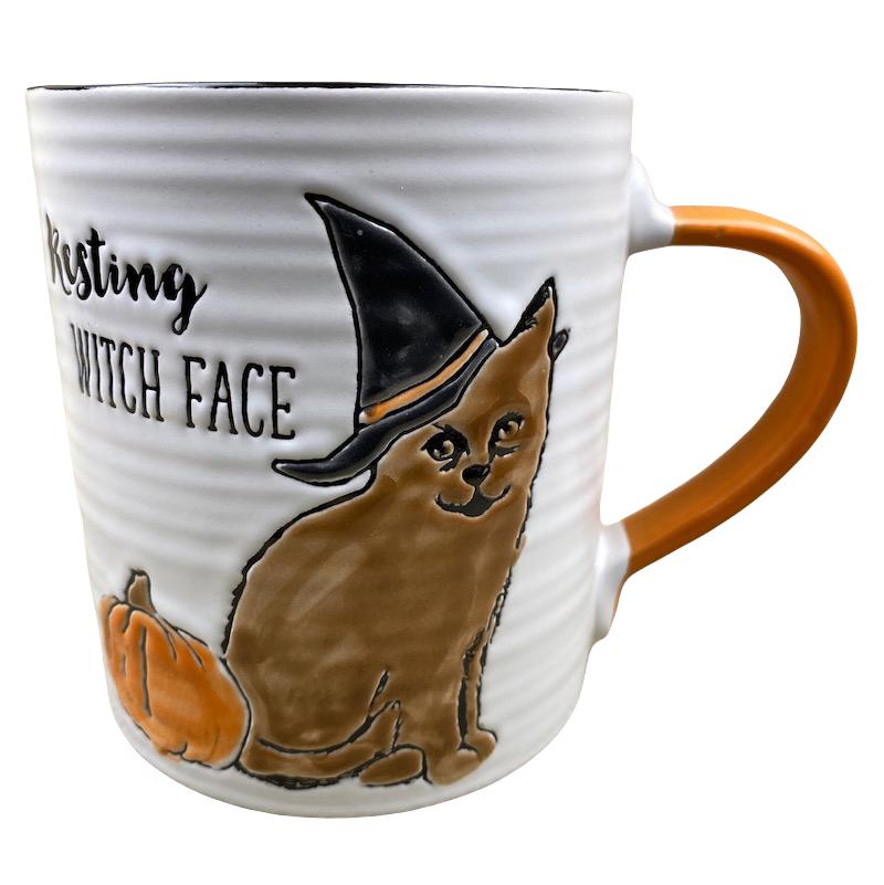 Resting Witch Face Cat Wearing Hat And Pumpkin Embossed Mug Madison Studio