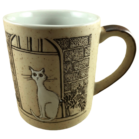 White Cat In A Window Embossed Speckled Mug