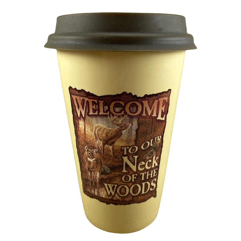 Rosemary Millette Welcome To Our Neck Of The Woods Deer Travel Mug Tumbler Wild Wings NEW