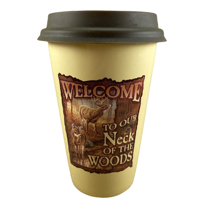 Rosemary Millette Welcome To Our Neck Of The Woods Deer Travel Mug Tumbler Wild Wings NEW