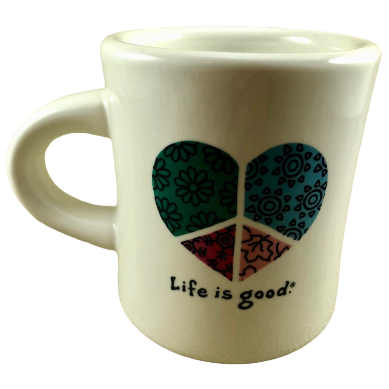 Life is Good Floral Heart Peace Sign White Mug