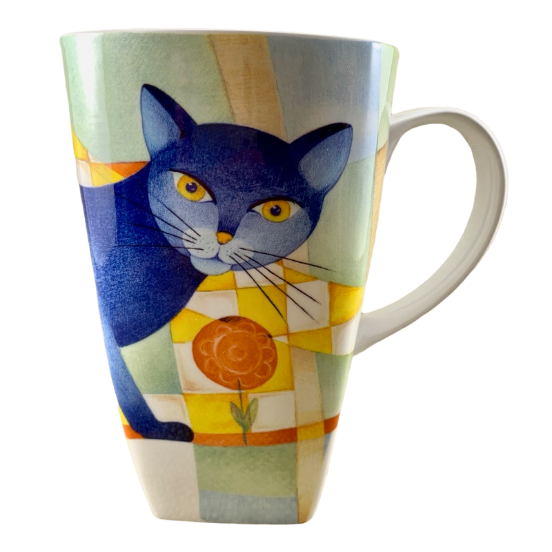 Blue Cat & Flowers On Colorful Abstract Background Square Bottom Mug Crown Trent