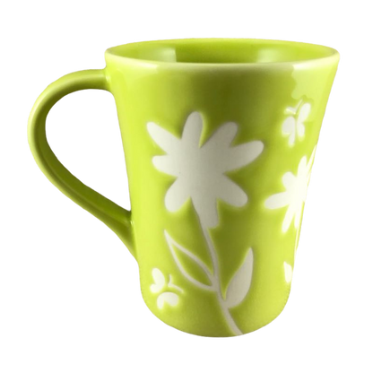 Etched White Flowers And Butterflies Green 12oz Mug 2007 Starbucks
