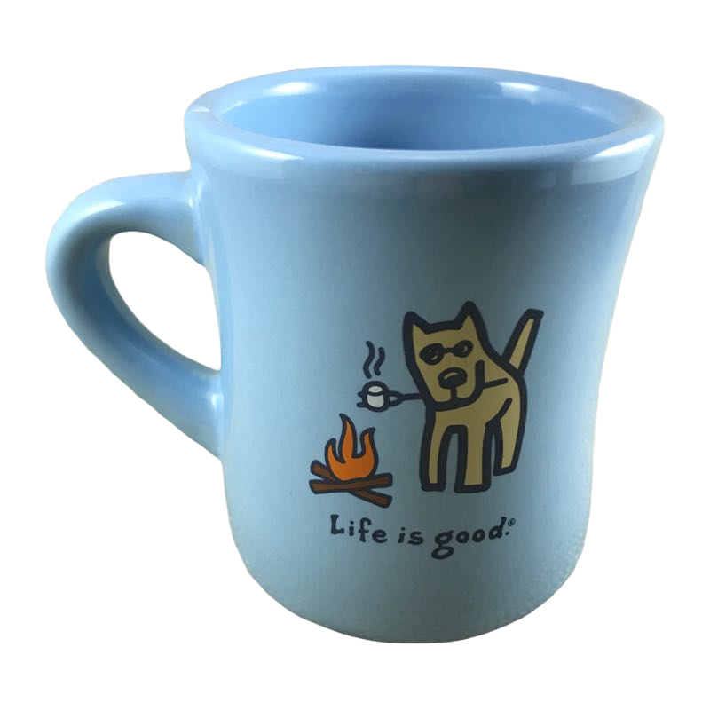Life Is Good Dog Toasting Marshmallow Over Campfire Blue Mug