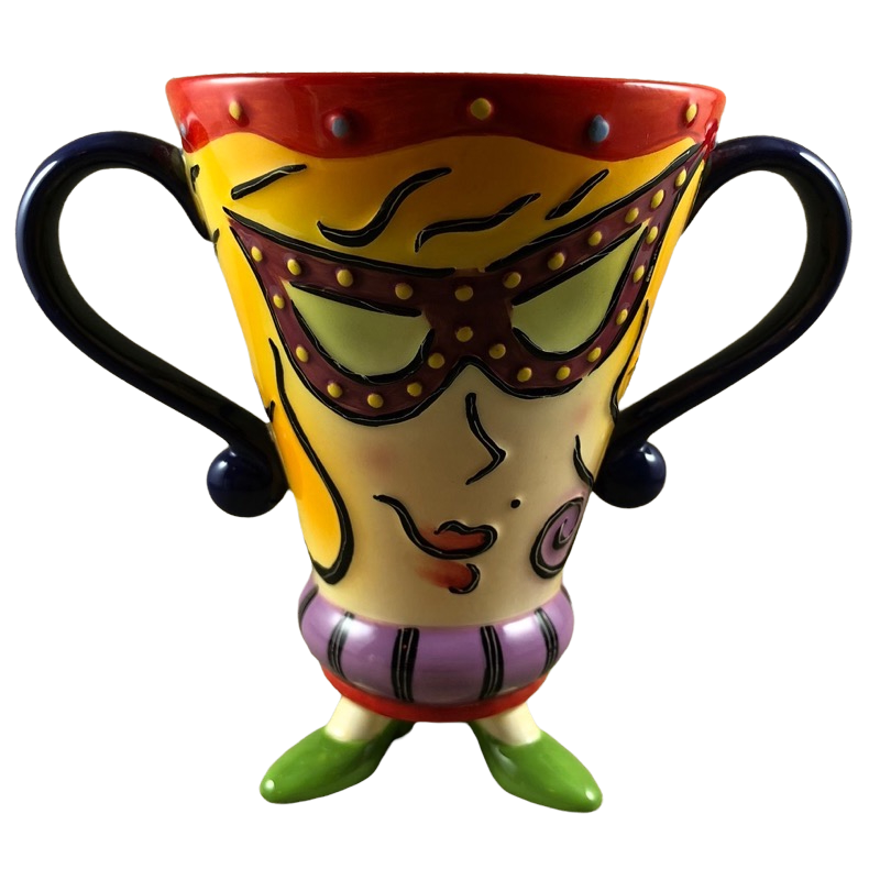 Woman Wearing Glasses Lightly Embossed Double Handle Four Footed Mug