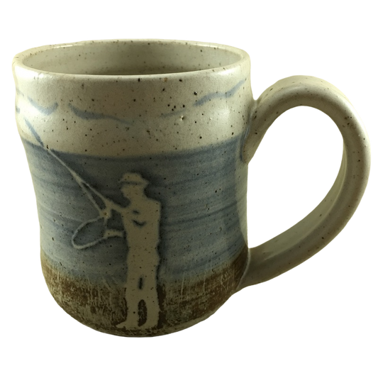 Man Fishing Silhouette And Mountains Wheel Thrown Pottery Mug