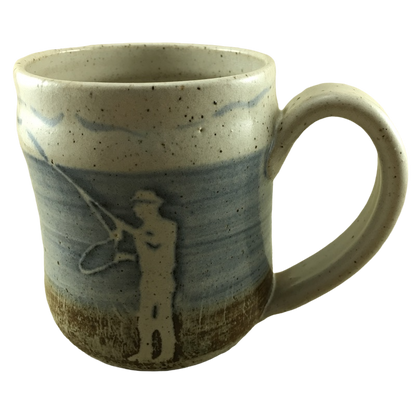 Man Fishing Silhouette And Mountains Wheel Thrown Pottery Mug