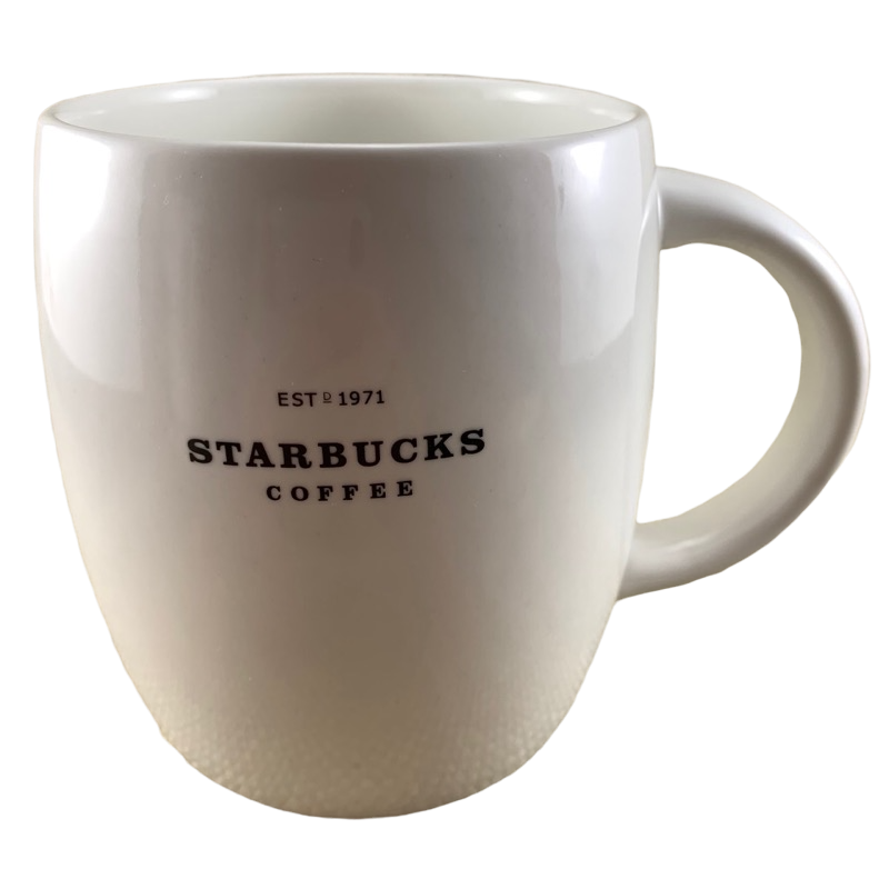 ESTD 1971 Starbucks Coffee White Barrel Mug With Black Lettering 2008 14oz Mug