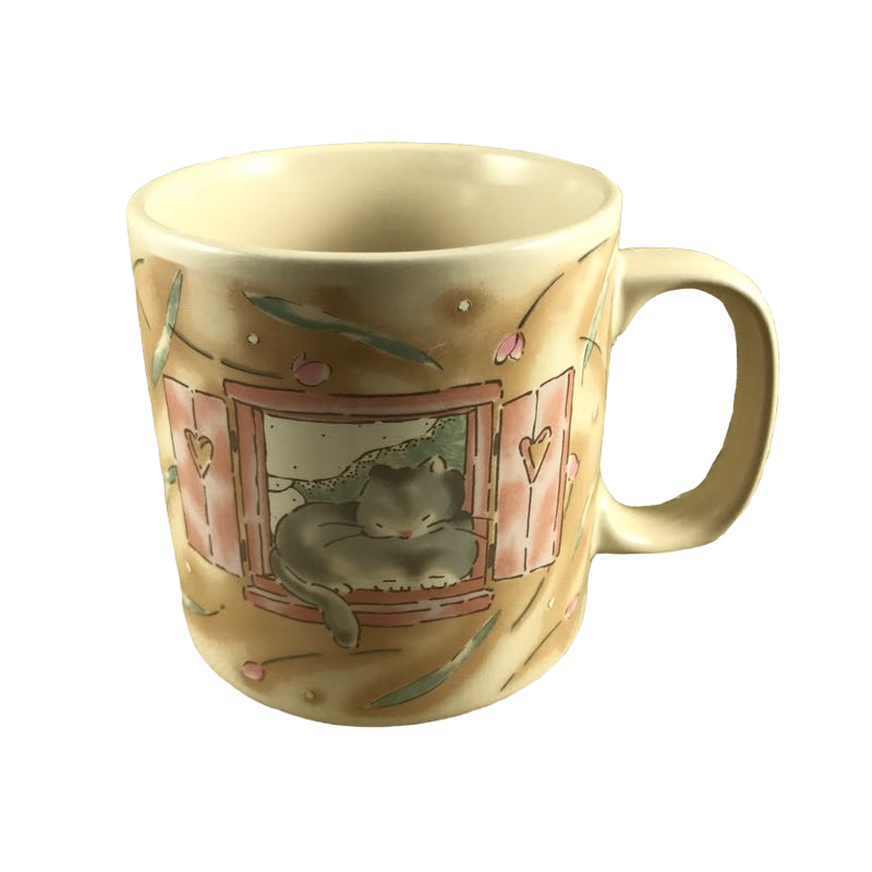 Cat Sleeping In Window With Floral Background Mug Michel & Company