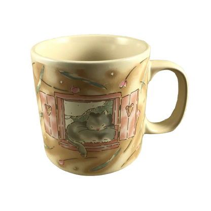Cat Sleeping In Window With Floral Background Mug Michel & Company