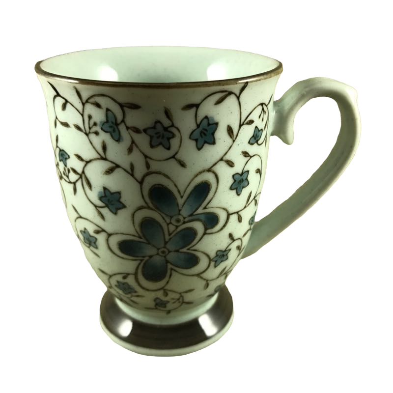 Blue Flowers Pedestal With Fancy Handle And Brown Trim Mug