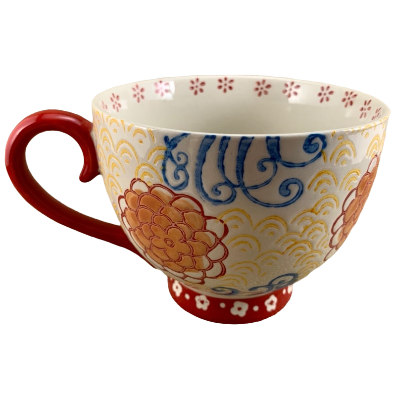 Dutch Wax Lightly Embossed Owl & Floral Mug With Red Handle Coastline Imports