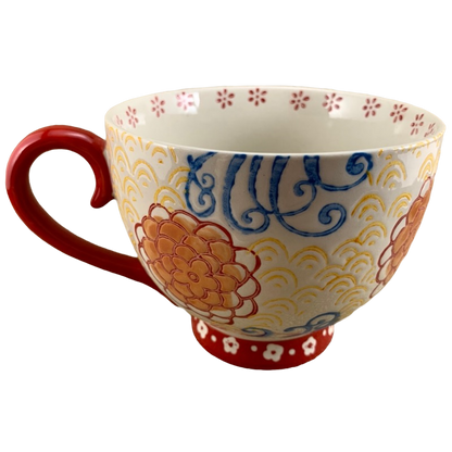 Dutch Wax Lightly Embossed Owl & Floral Mug With Red Handle Coastline Imports