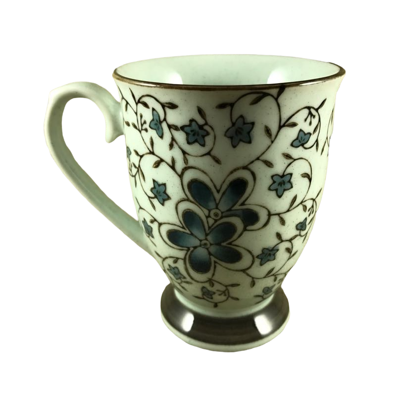 Blue Flowers Pedestal With Fancy Handle And Brown Trim Mug