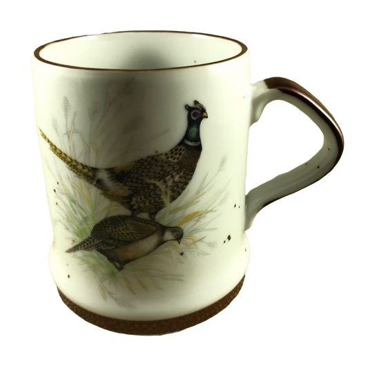 Speckled Pheasants With Brown Handle, Rim, And Bottom Band Mug