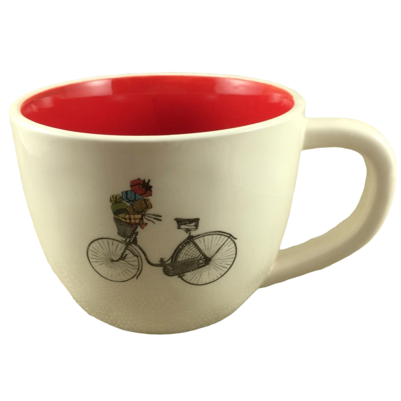 Rae Dunn Bicycle With Gifts White Exterior Red Interior Mug Magenta