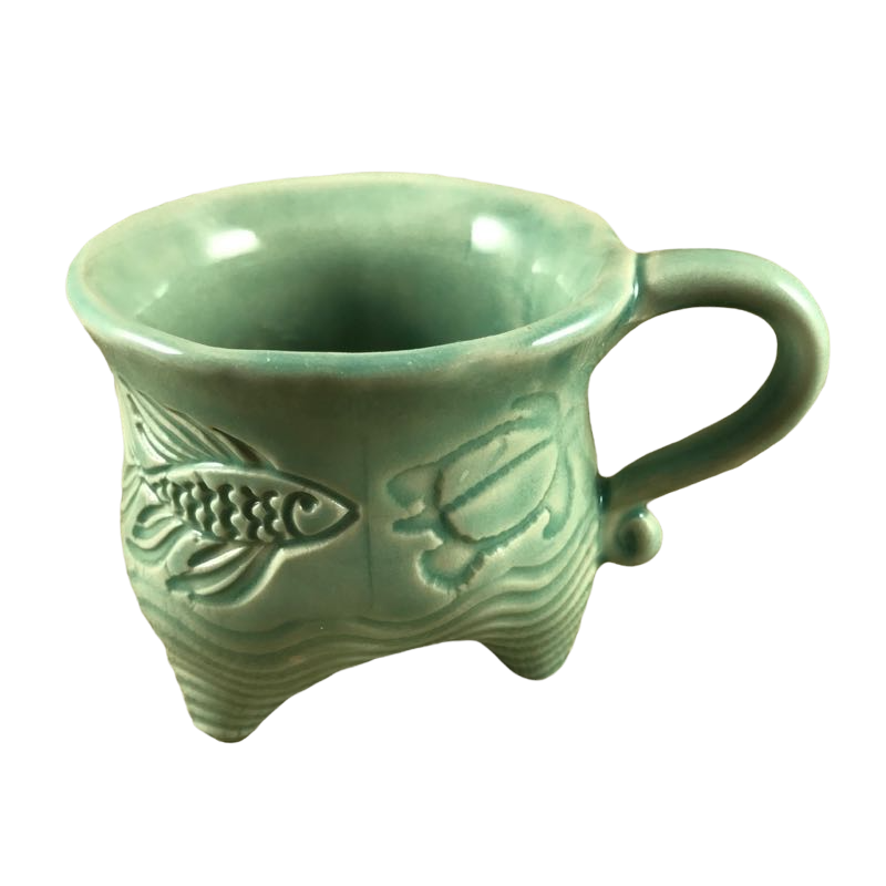 Three Legged With Etched Fish And Turtles Mug